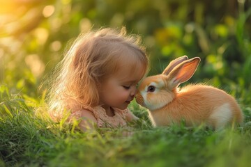 Sweet interaction between a child and a rabbit in a lush garden during golden hour