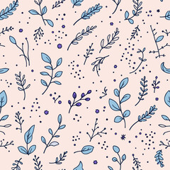 various blue and white plants and leaves, scattered across a light pink background.