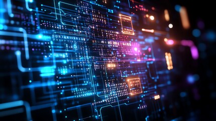 Naklejka premium A vibrant circuit board display illuminated with neon colors of blue and orange, representing futuristic technology and digital connectivity in a modern context.