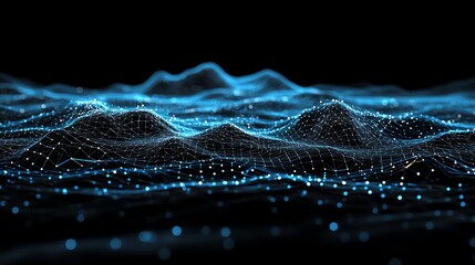 Abstract digital landscape with glowing blue lines and dots forming a 3D grid in a dark setting, representing futuristic technology, data visualization, and artificial intelligence