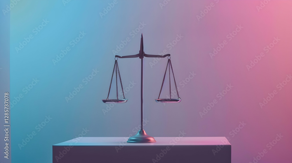 Poster a symbolic representation of justice with a balanced scale on a minimalist pedestal against a colorf
