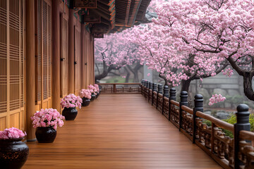 Wooden Building Decorated with Cherry Blossoms and Flower Pots In a Japanese Garden with Pink Flowers and Traditional Floral Architecture