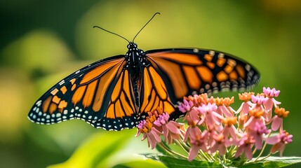 Monarch Butterfly Resting on Pink Flowers in a Green Garden Setting