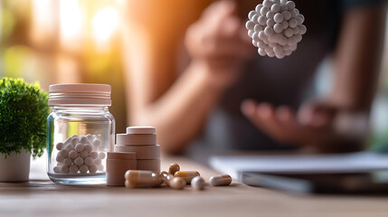 Exploring biohacking techniques supplements and nutrients at a modern workspace calm environment focused viewpoint