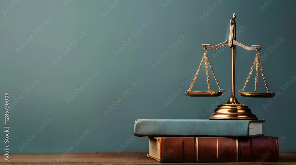 Poster a balanced scale of justice resting on a stack of law books against a muted backdrop