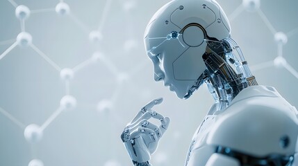 Futuristic Robot Thoughtfully Touching Face with Technological Background