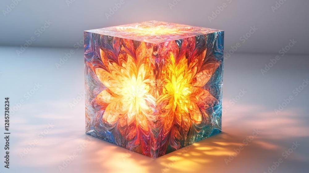 Poster a detailed 3d firework box with bold, colorful firework patterns, placed against a smooth white back