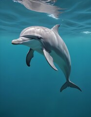Obraz premium A gray dolphin swimming underwater in a blue-green ocean environment