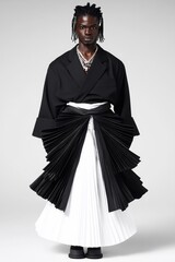 A man in a black jacket and white pleated skirt