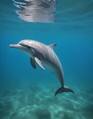 Fototapeta premium A gray dolphin swimming underwater in a blue-green ocean environment