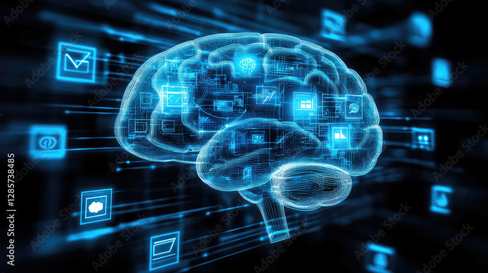 Poster exploring the integration of cybernetic implants in a transparent human brain within a cyberspace gr