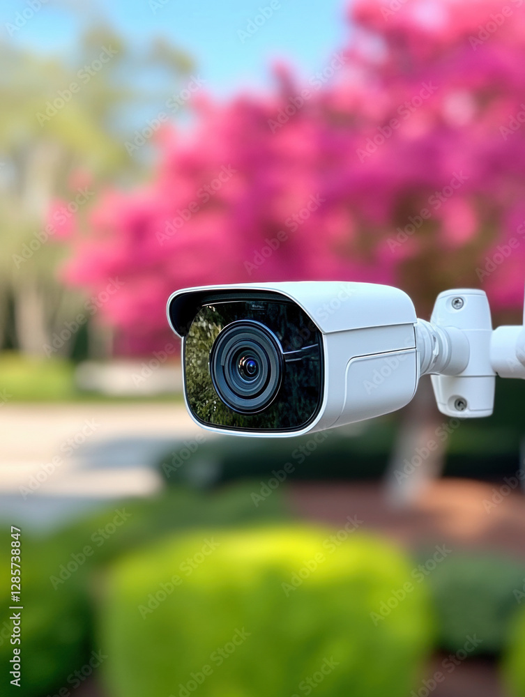 Poster a corner-mounted camera recording with high fidelity in a detailed image showing advanced technology