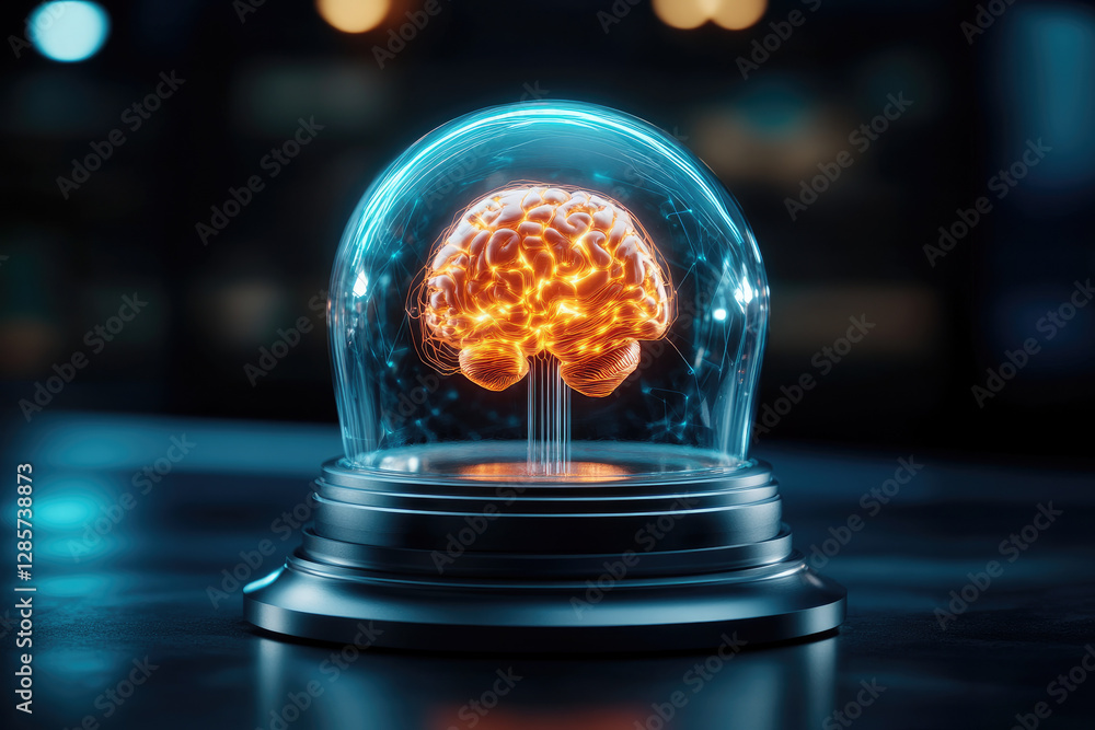 Poster exploring the innovative virtual brain enclosed in a glass dome with electric circuits and cyber nod
