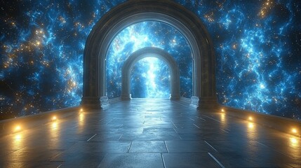 Fototapeta premium A room with an archway in the middle of a space filled with stars