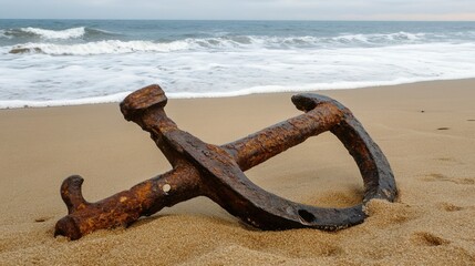 Rusty Anchor on Sandy Beach Near Ocean Waves