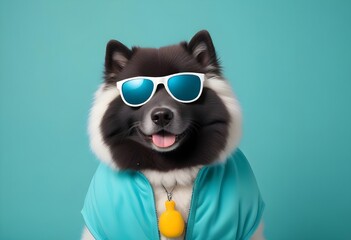 Fototapeta premium A samoyed wearing large sunglasses , against a teal background