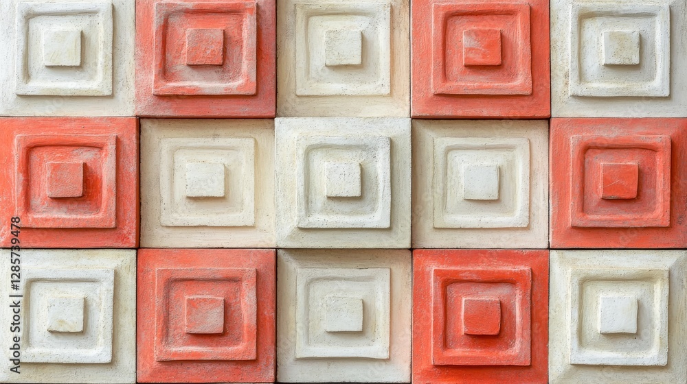 Poster white and red square pattern forms a geometric perspective
