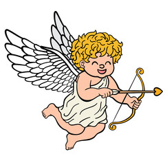 Obraz premium cupid or amor with wings flying and shooting an arrow filled outline style