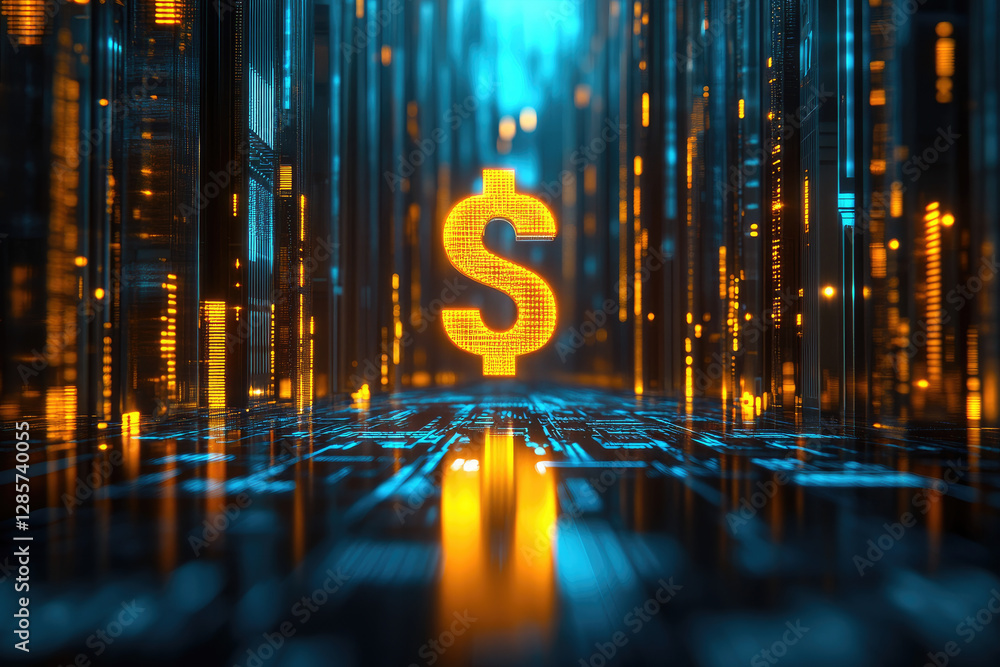 Poster digital currency symbols flowing through a futuristic cityscape golden reflections creating depth in