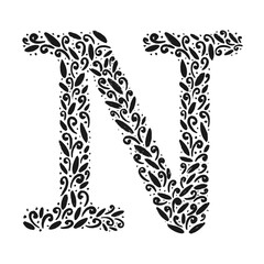Floral botanical alphabet. Vintage hand drawn monogram letter N. Letter with plants and flowers. Vector lettering isolated on white