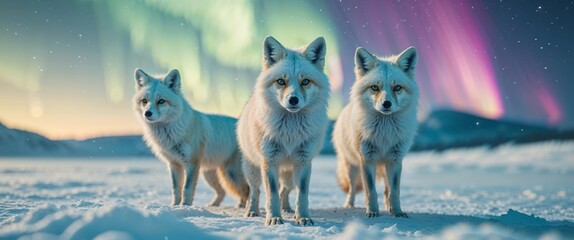 Majestic Arctic Foxes Under the Northern Lights in a Snowy Landscape