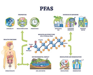 Obraz premium PFAS diagram outlines exposure sources, health concerns, and environmental impact. Key objects, molecular structure, health effects, exposure sources. Outline diagram