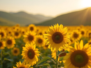Fototapeta premium A Field of Golden Sunflowers in the Afternoon Glow: A detailed close-up of golden sunflowers standing tall in a vast field, their petals forming a bright floral carpet under the warm afternoon sun.