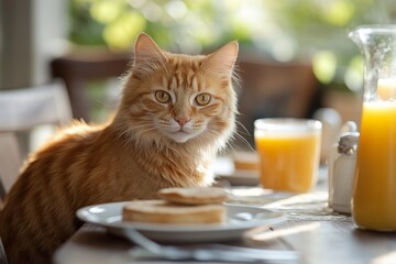 Ginger cat enjoys breakfast at a cozy table with toast and fresh juice in warm morning light