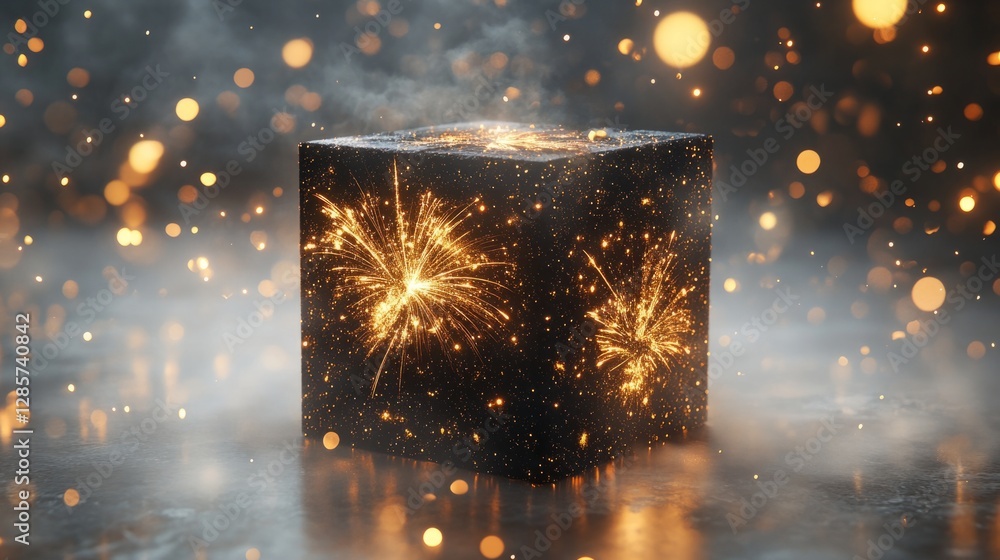 Poster a firework box, 3d rendered with colorful firework illustrations and a dynamic layout, placed agains