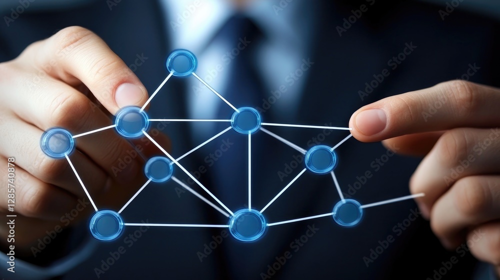 Poster global network connection: businessman interacting with a digital network