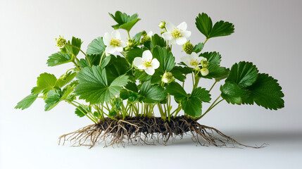 Fototapeta premium Strawberry plant with roots and white flowers on a white background