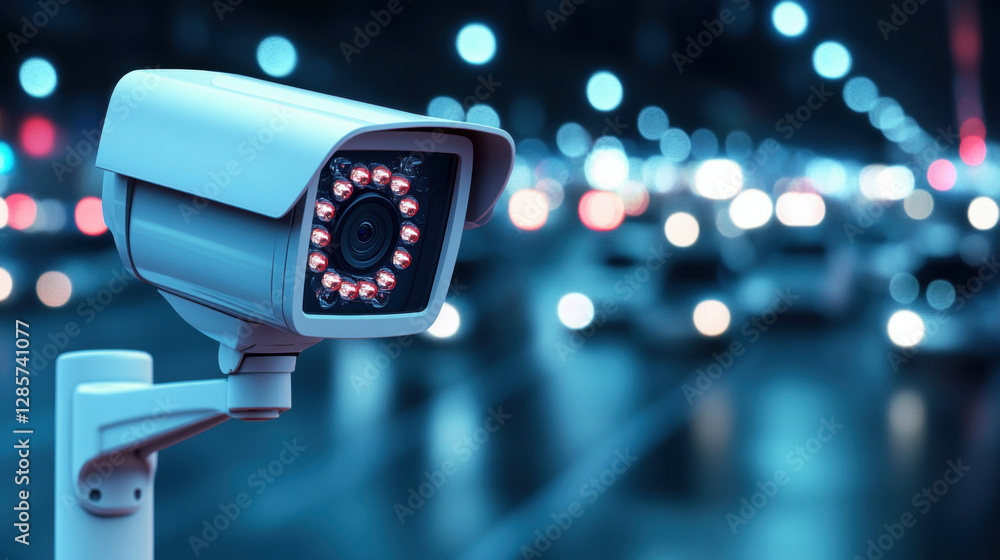 Poster a motion-activated security camera turning on, showcasing its functionality in a high-fidelity image