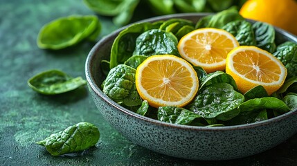 A bowl of spinach leaves and lemons on a table