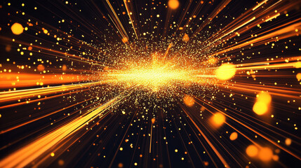 Obraz premium Black background, orange light beams, and yellow lights with a bokeh effect flying in the center of the composition