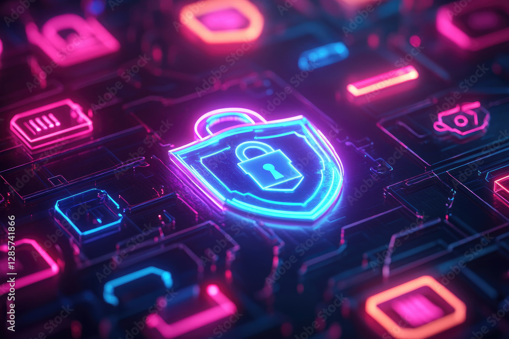 Poster exploring abstract cybersecurity designs virtual digital graphics neon environment futuristic viewpo