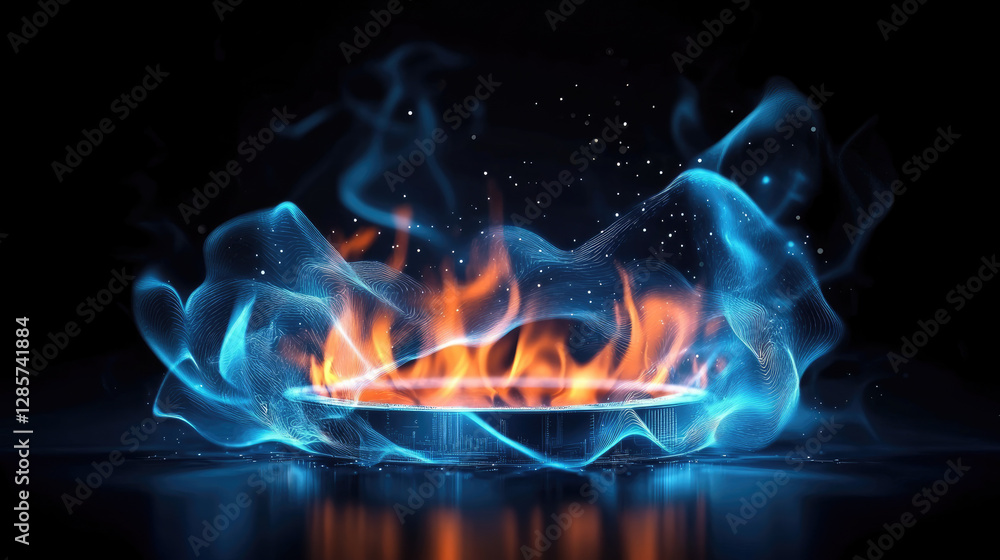 Poster dynamic flames and ethereal smoke dance abstract art digital creation dark environment close-up view