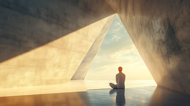 Person is meditating in an abstract geometric architectural structure