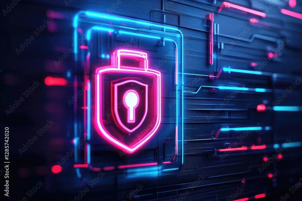 Poster illuminating abstract neon firewall display cybersecurity lab digital vibrant tech environment futur