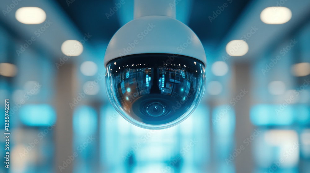 Poster a security camera captures customers inside a bank, emphasizing monitoring and high-fidelity image q
