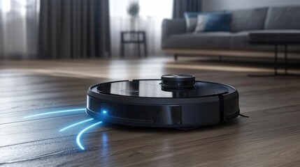 A robotic vacuum cleaner creating a smart navigation path on wooden flooring