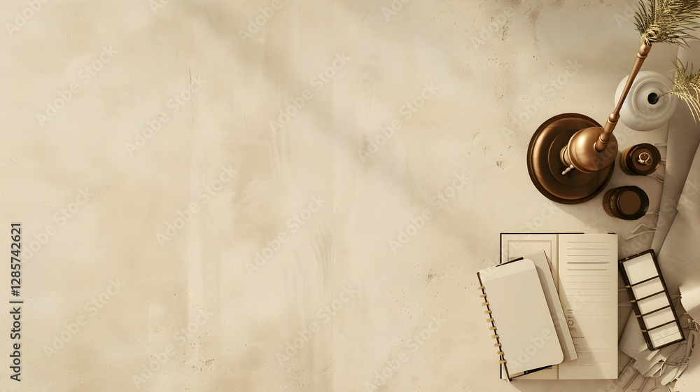 Poster minimalist workspace with notebook, candle, and decorative elements on a soft background