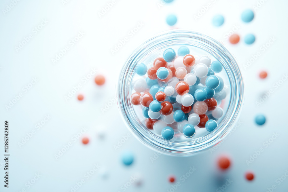 Poster exploring biotechnology research transparent digital overlays and vivid glowing liquids in a minimal