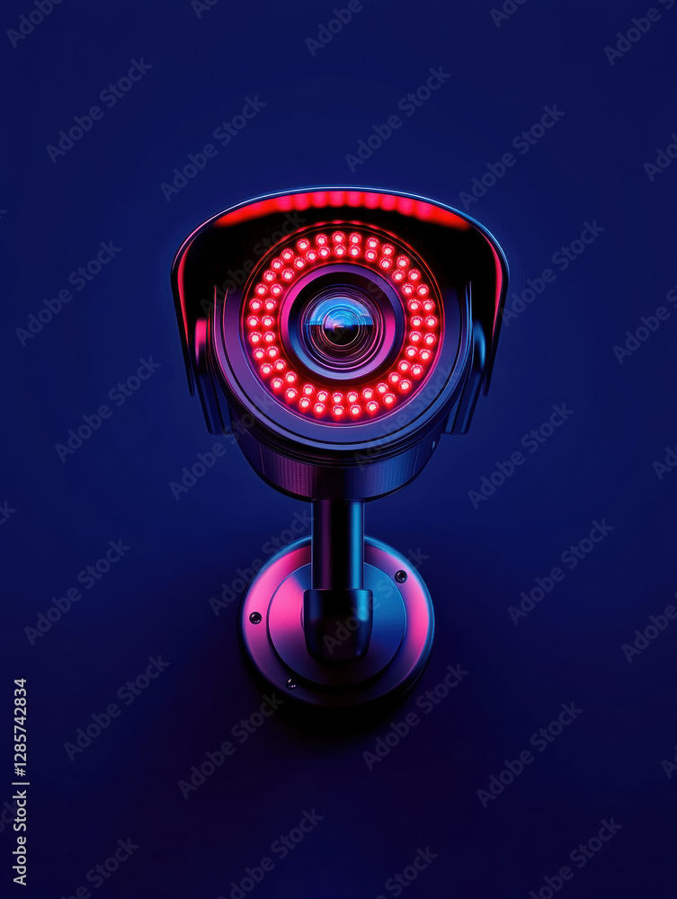 Poster a glowing security camera with red led lights illuminated in a high-fidelity image.