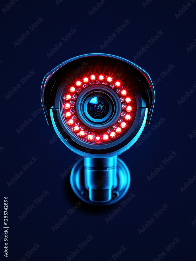 Poster a glowing red led security camera image with high fidelity resolution, ideal for tech and surveillan