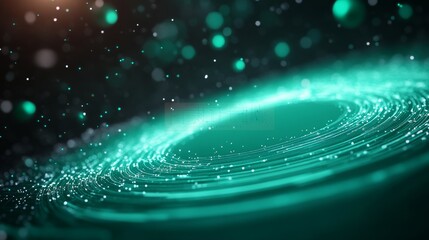 Abstract swirling teal design; glowing particles