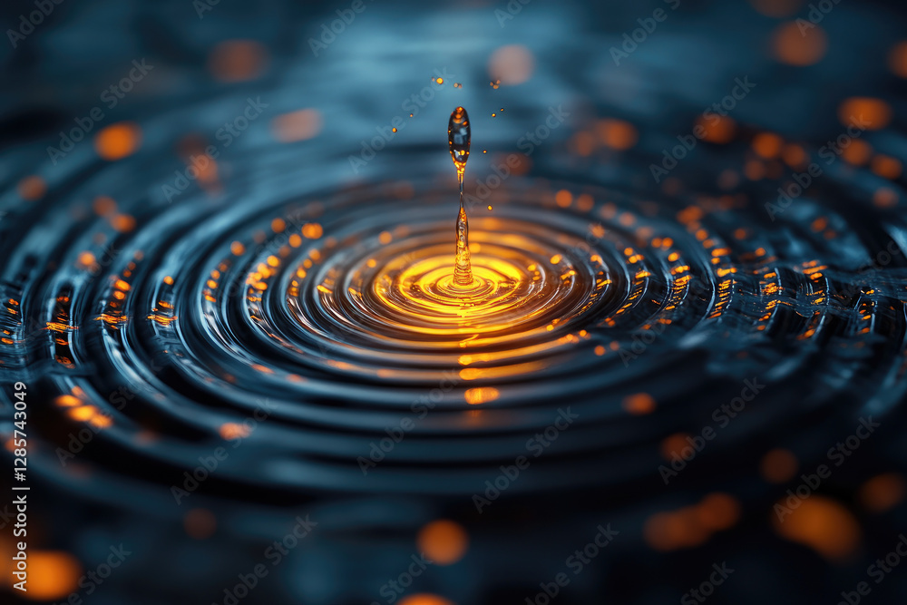 Poster droplet impact creating glowing concentric circles abstract solution environment close-up view soft 