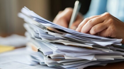 Fototapeta premium Overwhelmed by Paperwork: A Close-up of Hands Sorting Through a Stack of Documents