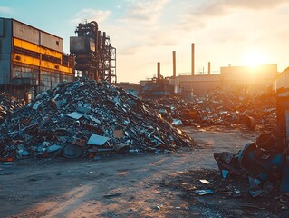 Scrap metal and industrial site with sunlit sunrise