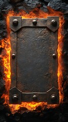 An Iron Frame Surrounded By Fiery Flames And Rough Rocks