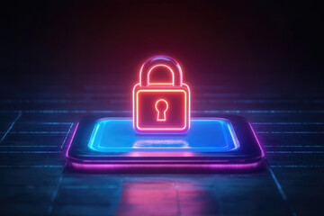 Exploring the concept of online privacy with a glowing lock icon on a futuristic holographic screen cyber matrix effect in neon colors minimalistic cyberpunk style